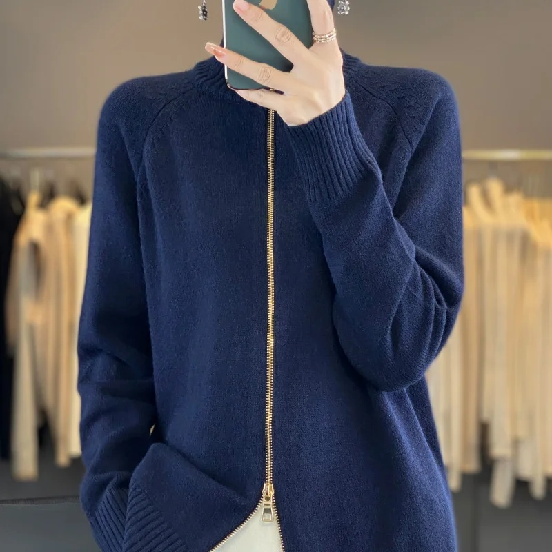 

Classic Women Knitwear Cashmere Wool Cardigan Fashion Sweater High collar Long sleeves Double Zipper Style Warm Soft Basics Tops