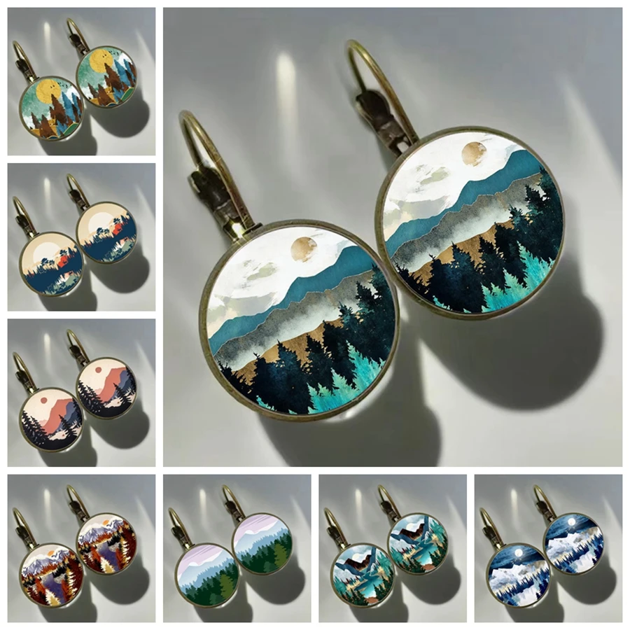 2024 New Mountain River Sunset Earrings Lake Forest Scenery Women\'s Glass Earrings Love for Nature Girl Earrings Gift