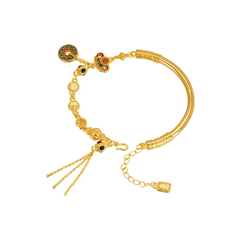 9999 24K Real Gold Treasure Flower Half Bracelet Bracelet Enamel Burning Blue Bracelet Accessories Retro Brand Pumpkin Jewelry