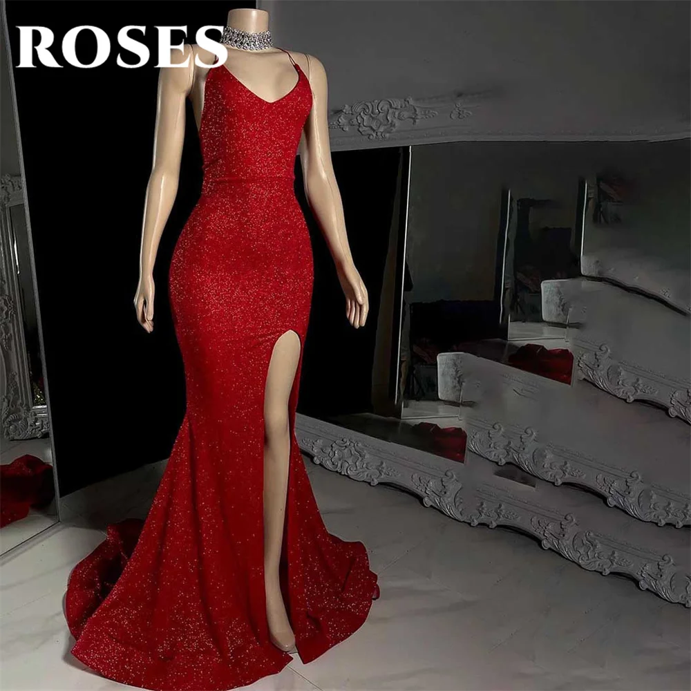 

ROSES Red Evening Dresses V-Neck Prom Dress with Split Sleeveless Sequins Robe De Soirée Glitter Mermaid Pleats Party Dresses