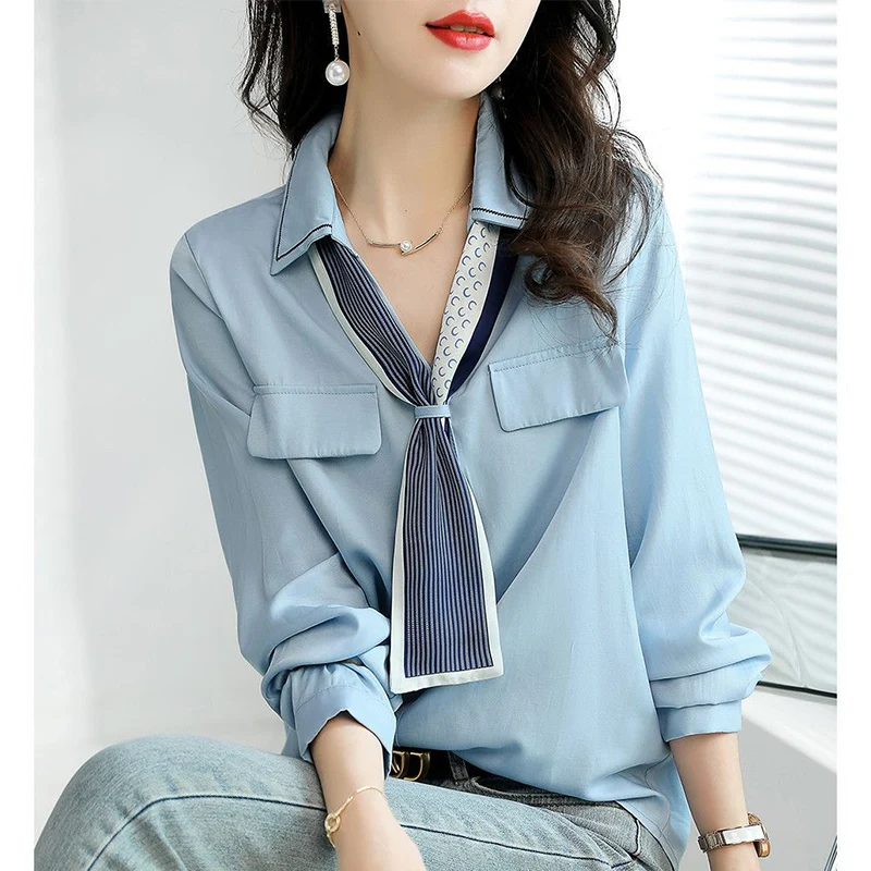 Spring Autumn Y2K Fashion Elegant Office Lady Blouse Scarf Collar Long Sleeve All-match Shirt Women Chic Solid Female Pullover