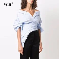 VGH Hit Color Striped Hollow Out Irregular Blouses For Women V Neck Long Sleeve Spliced Button Minimalist Shirts Female Fashion