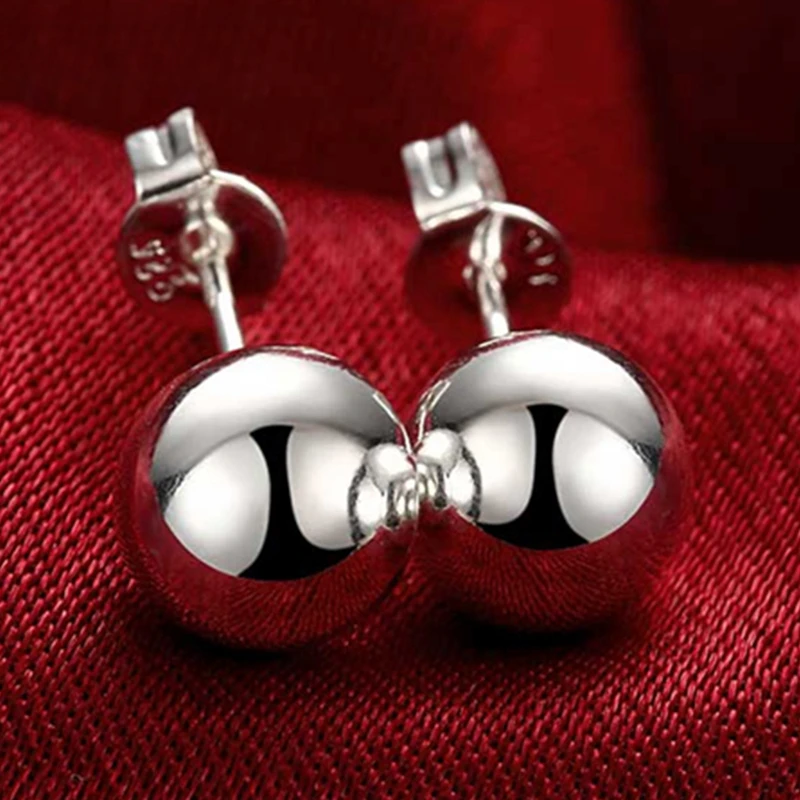 Silver Color 8/10mm Round Smooth Solid Bead Ball Stud Earrings For Women Wedding Engagement Party Jewelry