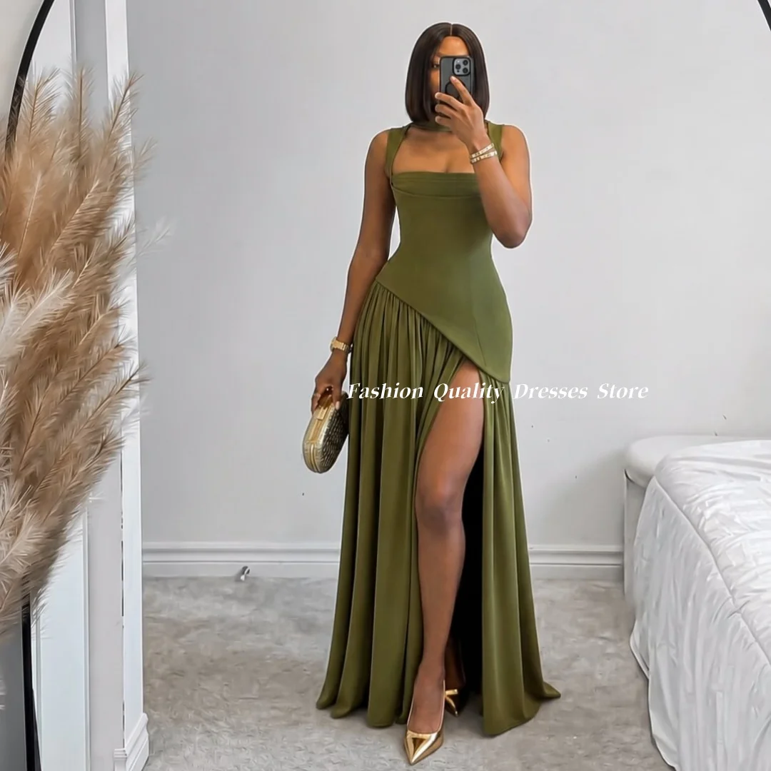 Vestido de Noche Verde Oliva, Corsé Ajustado, Vestido Largo con Cuello Cuadrado, Abertura Alta y Capa, Largo Hasta el Suelo, Vestido Formal de Noche Personalizado