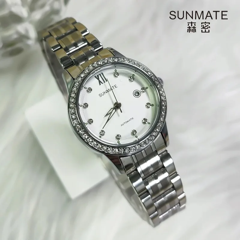 SUNMATE Ladies' Automatic Mechanical Watch, Luxurious and Stylish, Waterproof, Silver Bracelet, Women's Wristwatch with Gift Box