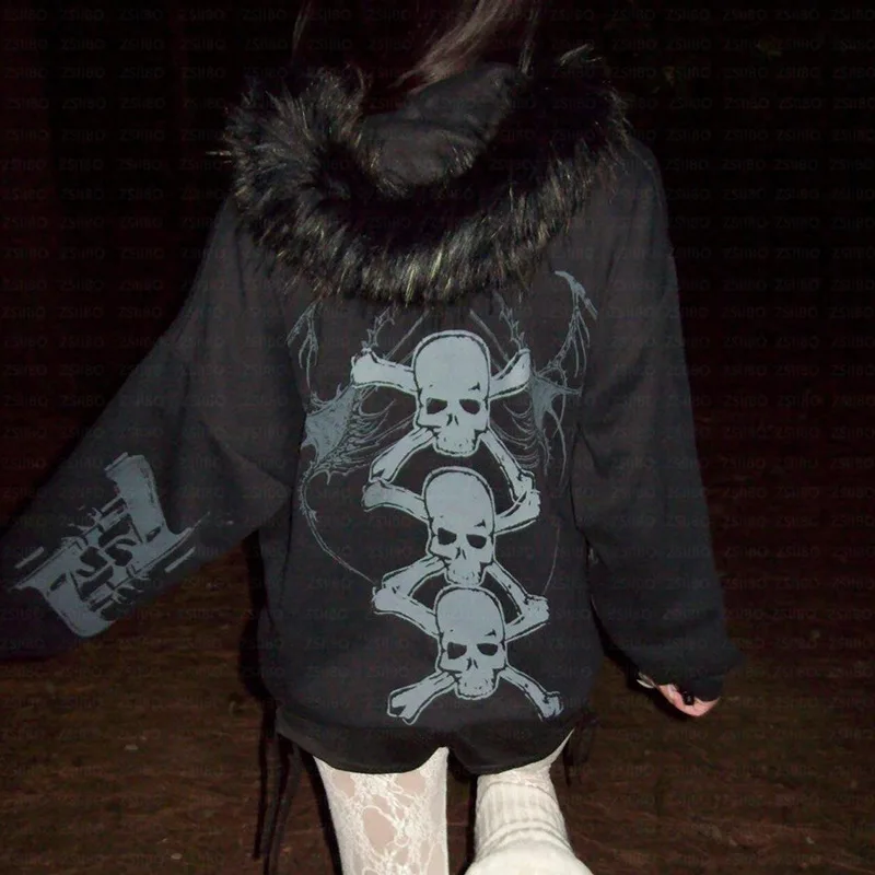 Europese en Amerikaanse stijl Pasen pluche rand decoratieve jas, schedelprint casual jas high street Harajuku Gothic punk Y2K