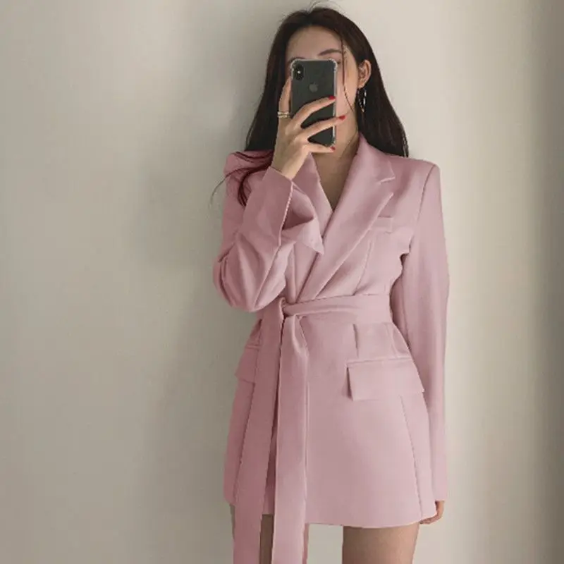 2024 Spring and Autumn New Korean Edition Temperament Commuter Belt Simple Mid Length Suit Coat Casual Small Suit Girl