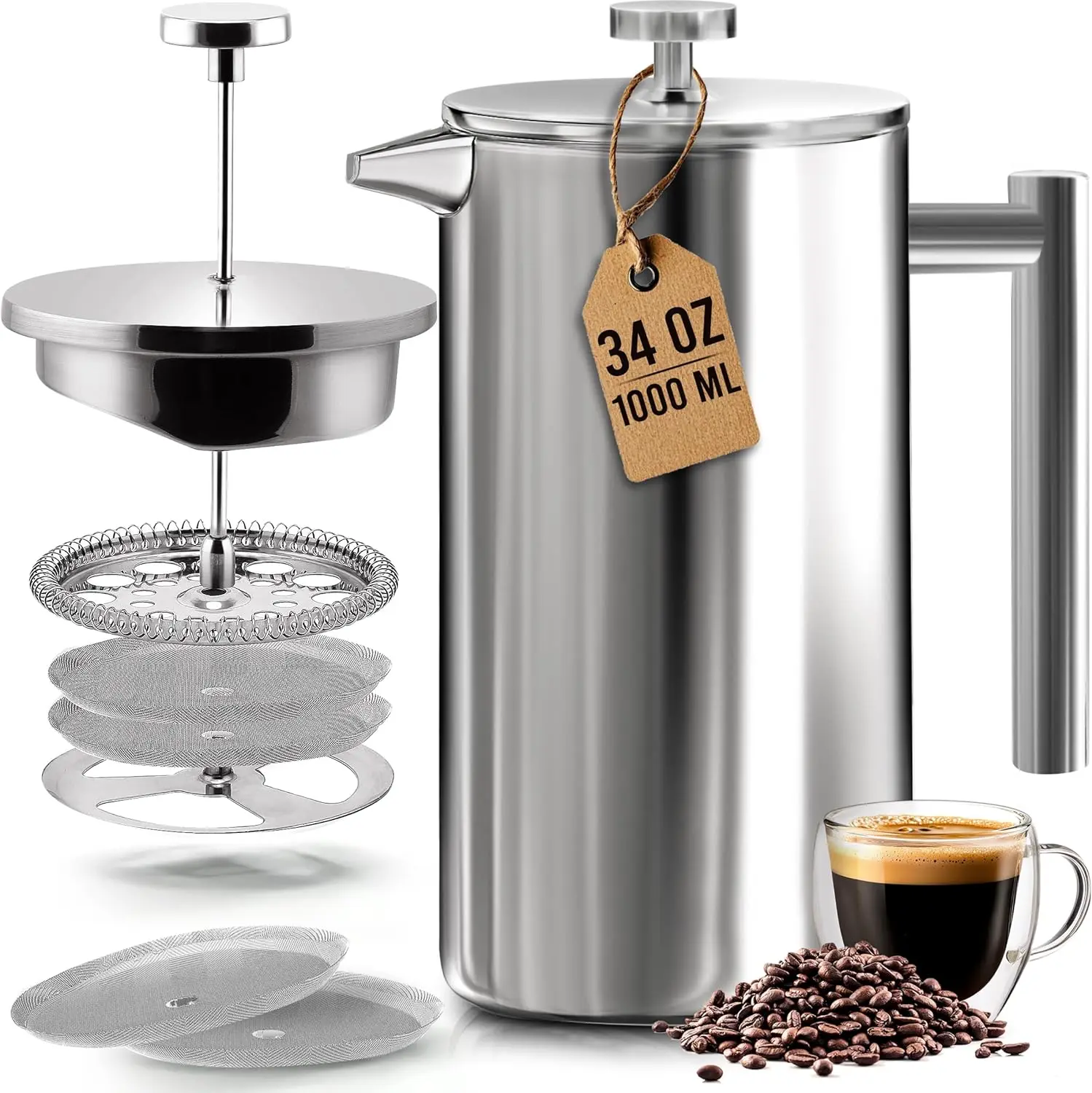 Kitchen 304 Grade Stainless Steel French Press Coffee Maker 34 Oz, Double Wall Insulated Coffee Press with 4-Level Filtration System, Include 2 Extra Filters, Rust-Free, Dishwasher Safe, Silver