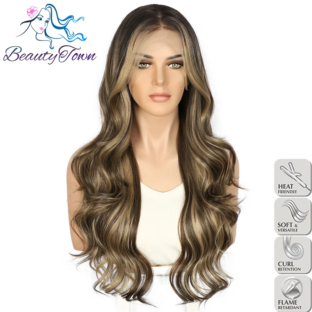 Perruque Lace Front Wig Synthétique Body Wave, Highlight, Swiss Transparent, Body Wave, Full Cosplay, 03/Wear, Brun, Automne, 13x4