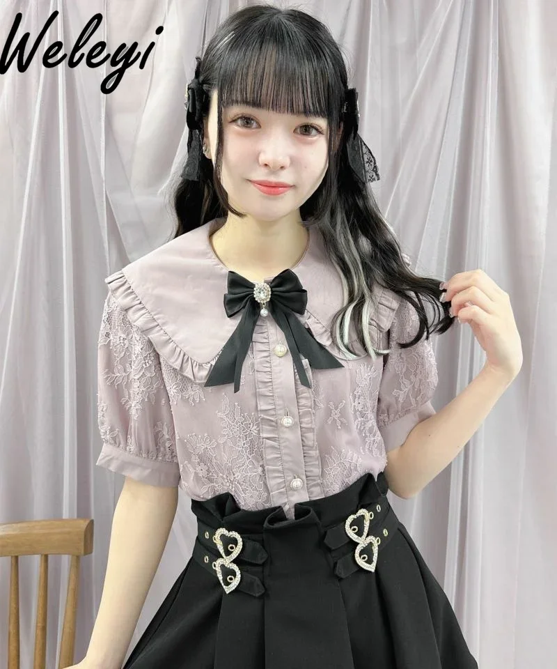 

Japanese Girl Sweet Beaded Bow Shirt Lolita Clothing 2024 Summer New Cute Short Sleeve Pink Ruffled Lace Neck Bow Blouse Female