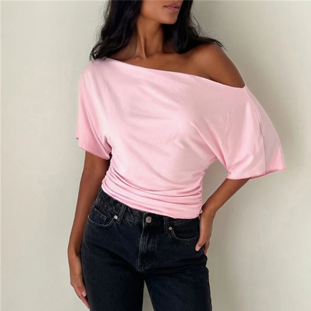 

Talenza Summer Women's Top Fashion Sexy Lace-Up Off-Shoulder Pleated Fitted Top New Casual Streetwear Chic Solid Female T-Shirts