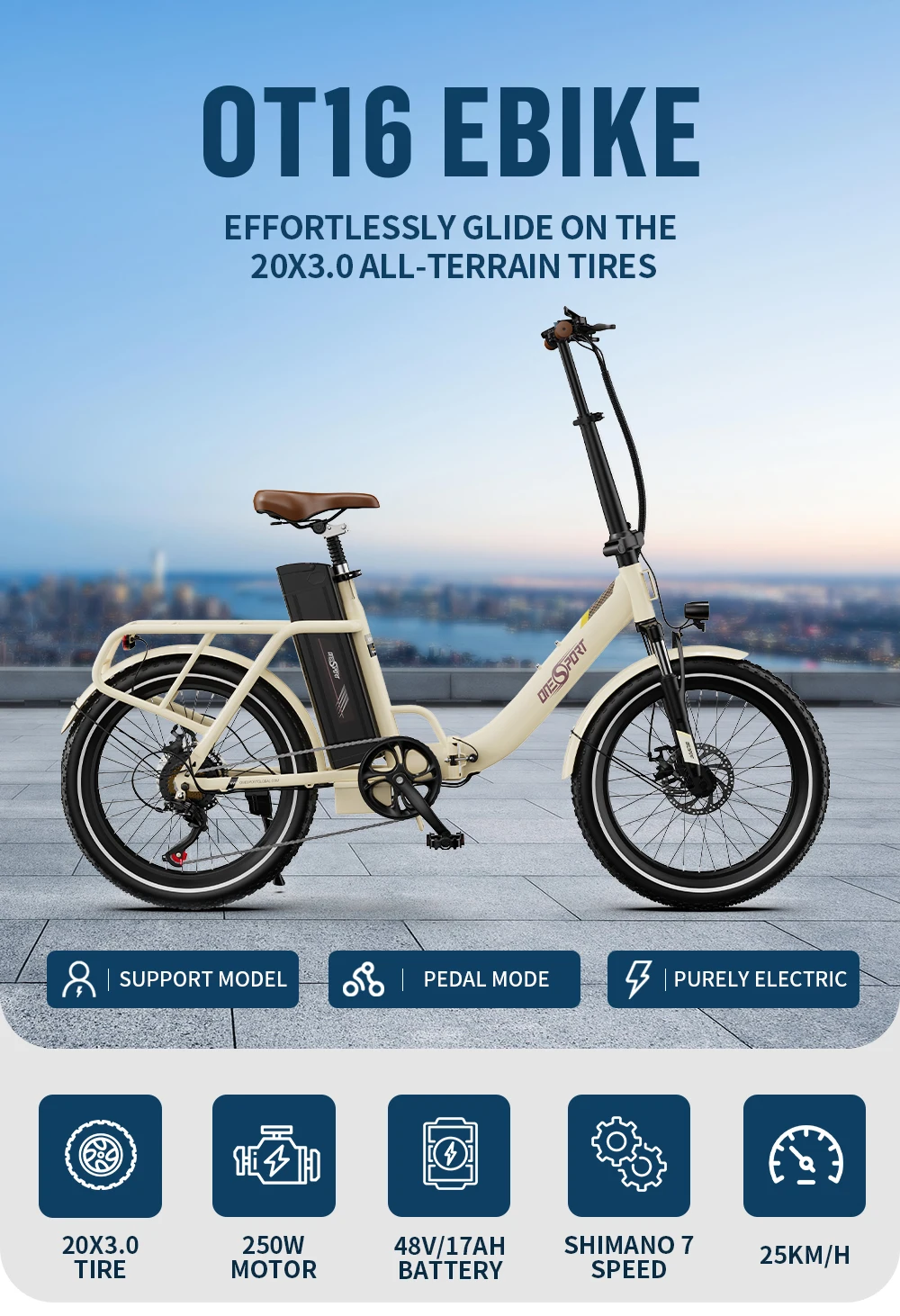 Vélo électrique urbain Onesport OT16-2 avec moteur 250W, batterie 48V17AH, vitesse maximale de 25 km/h, entrepôt UE