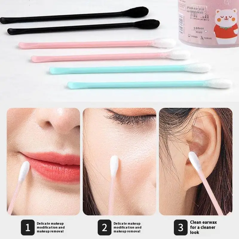 100 Stück 2-in-1-Doppelkopf-Wattestäbchen, Ohrenreinigung, Make-up-Entferner-Pads, weiche Borsten, Ohrschaufel für sichere Ohrenpflege