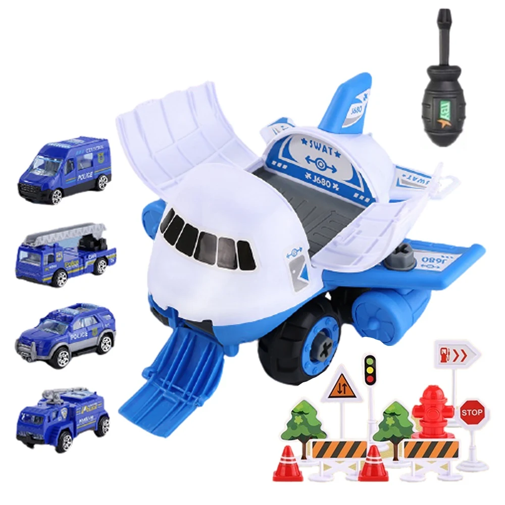 Simulation Inertia Children's Gifts Assemble Airplane Toy Large Storage Transport Aircraft with Mini Truck Car,Blue