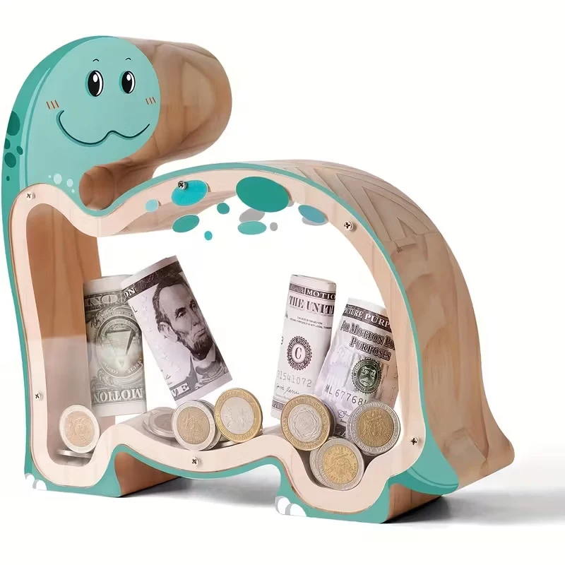 Nueva Alcancía de Madera con Forma de Dinosaurio, Caja de Ahorro para Niños, Estuche Transparente para Guardar Monedas, Decoración para el Hogar