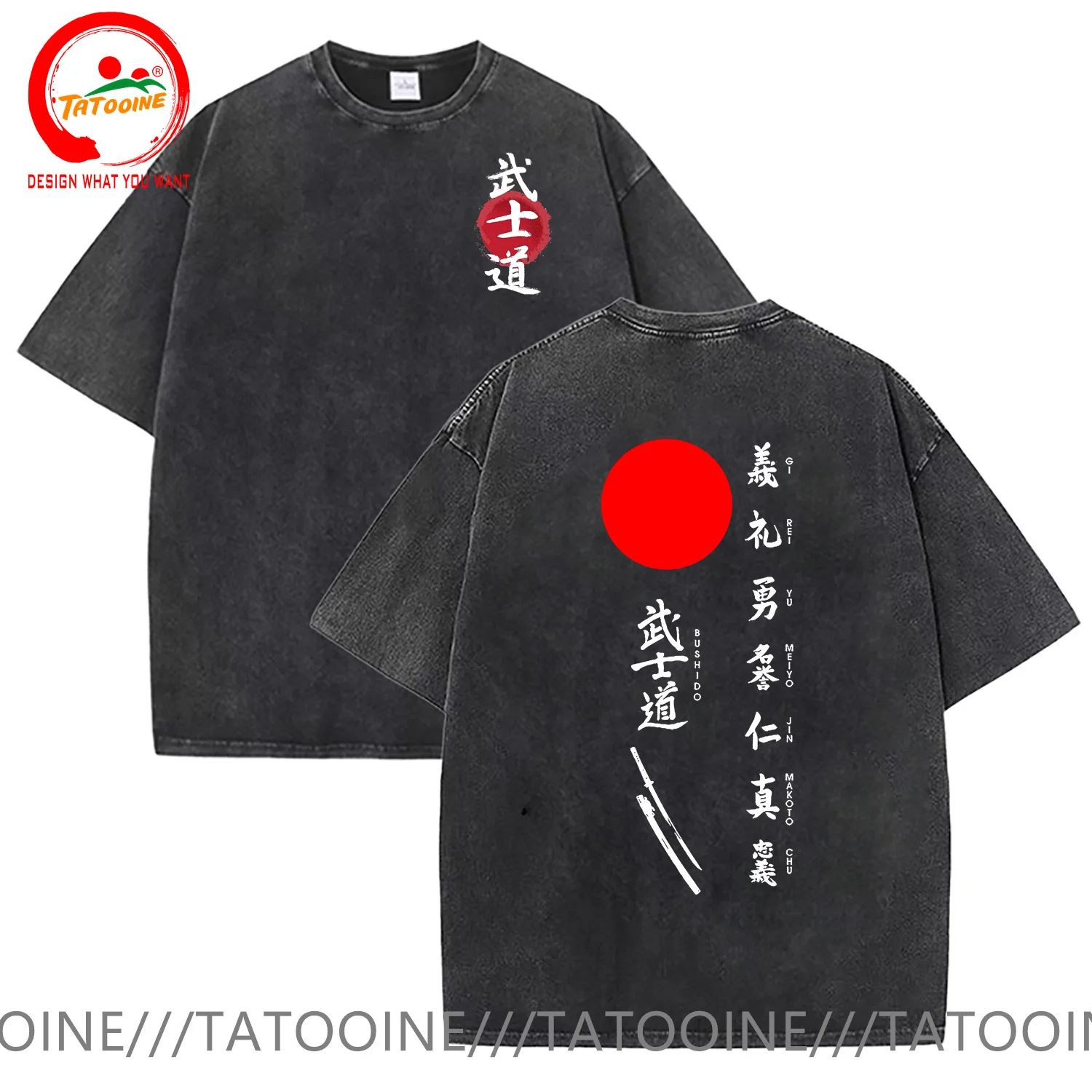 

Front Back Print Vintage Washed Cotton Japan Samurai Spirit T Shirts Men Japanese Tops T-shirt Bushido Male Gifts Tees Plus Size