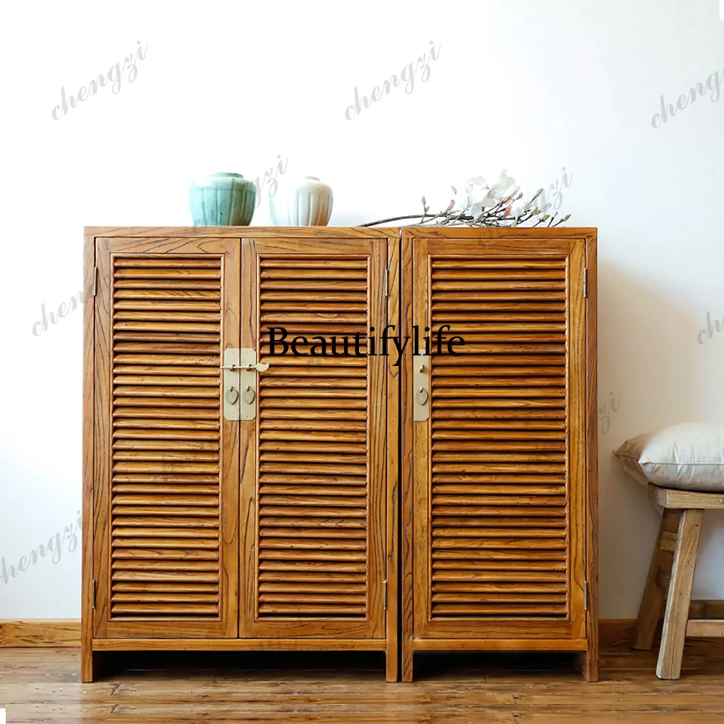 Modern simple entrance foyer locker folio louver door elm shoe cabinet solid wood narrow shoe rack