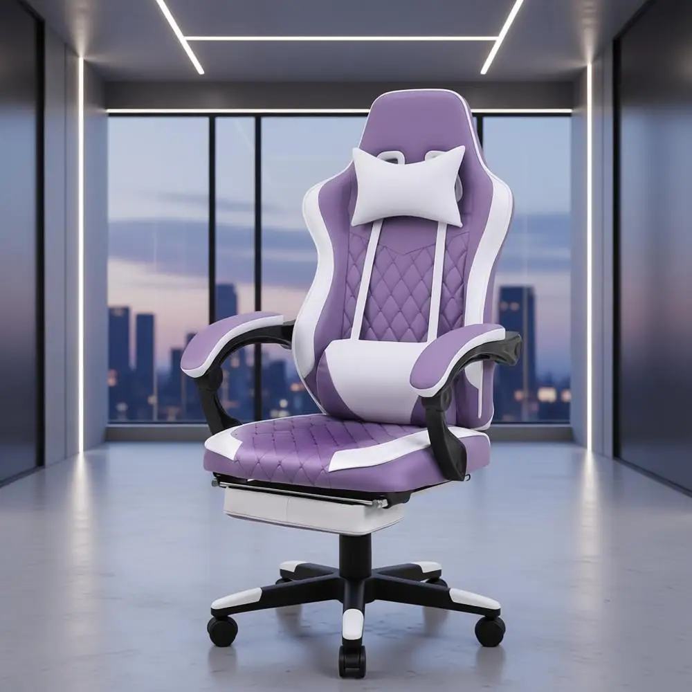 Purple Ergonomic Gaming Chair with Footrest, Adjustable PU Leather Desk Chair for Video Games, Office, and Study with Lumbar Sup