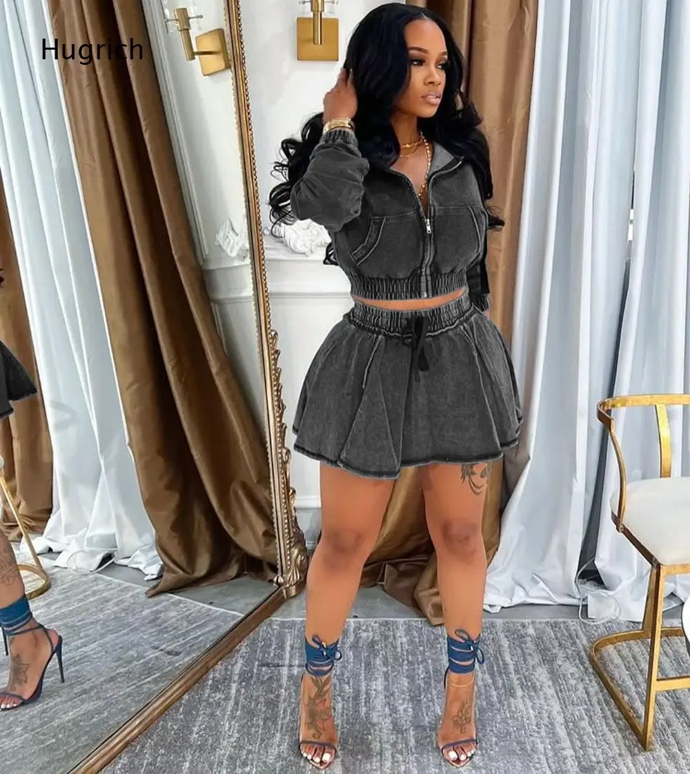 Hooded Long Sleeve Skort Romper Washed Grey Zip Front Elastic Gathered Waist Drawstring Flared Hem Women Casual Jumpsuit view 5