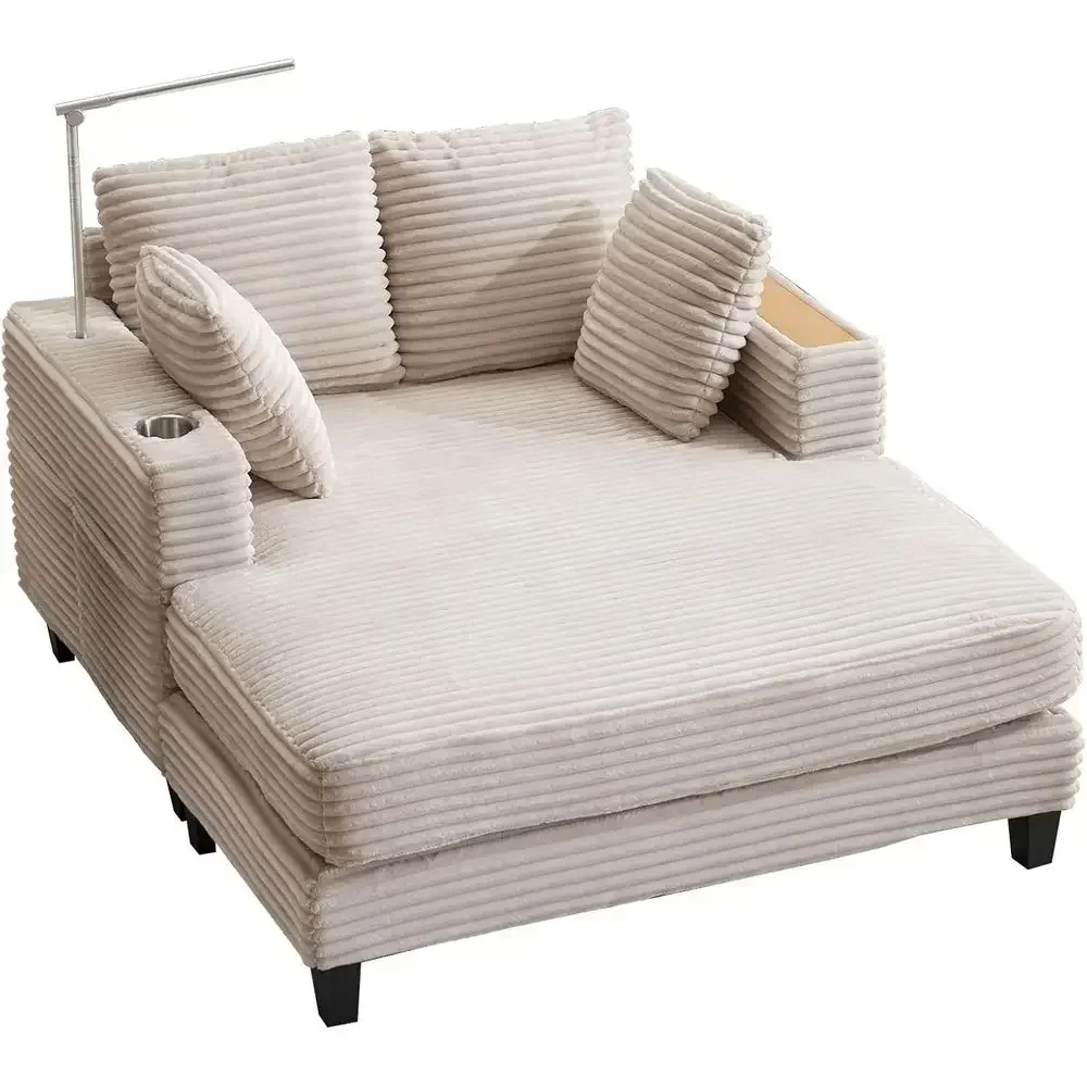 Jumbo Chaise Lounge with Reading Light & USB Port, Sleeper Sofa with Cup Holder, Solid Wood for Living or Bedroom (Beige Corduro