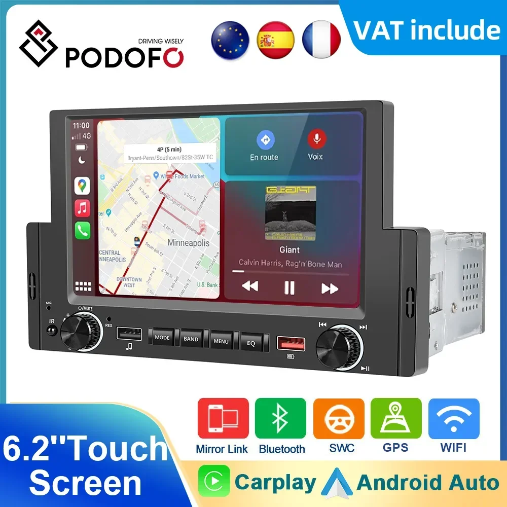 Podofo Car Stereo Radio 1din 6.2'' Touch Screen Car Android Radio 2+64G Carplay Android Auto Bluetooth WIFI For Universal Toyota