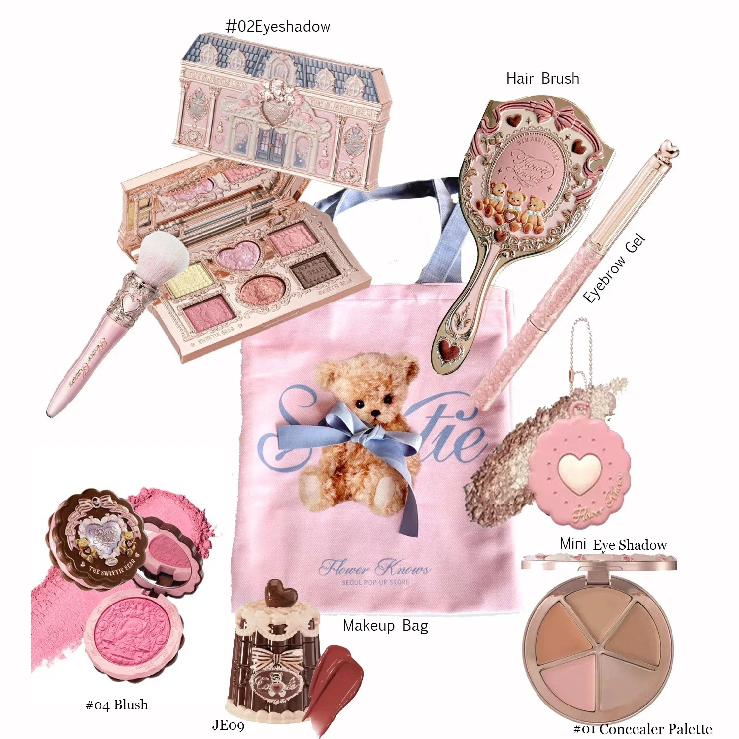 

Flowerknows Makeup Set Sweetie Bear Eye Shadow Palette Silk Satin Blusher Matte Finish Lip Jelly Makeup Bag Mini Powder Set