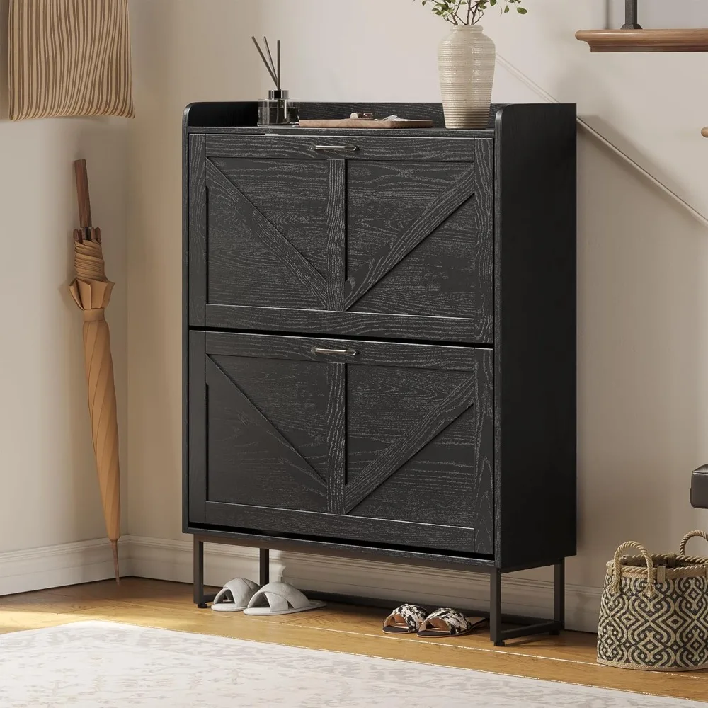 

Shoe Cabinet Storage with 2 Flip Drawers, Freestanding Shoe Organier Cabinet with Metal Legs, Farmhouse Narrow Shoe Stroage