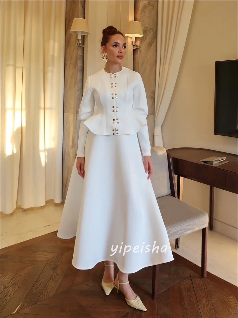 Maßgeschneiderte, moderne, formelle Jersey-Kleider mit Strasssteinen, gerüscht, A-Linie, U-Ausschnitt, knöchellange Kleider, Abendkleider, Größen erhältlich