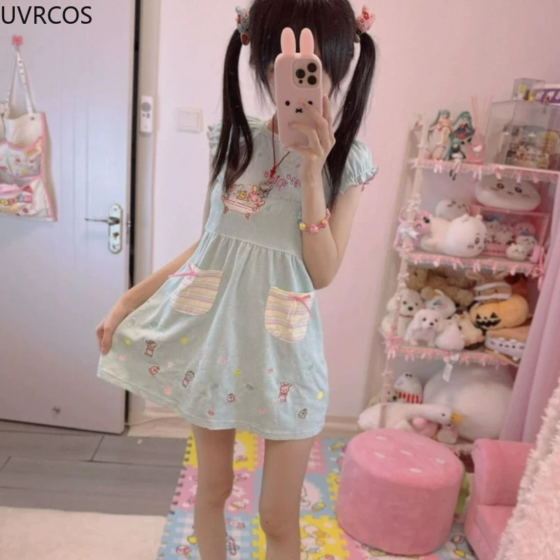 اليابانية Kawaii لوليتا نمط فستان المرأة الحلو الكرتون التطريز القوس الجيب ​ فستان Y2k الجمالي Harajuku Grunge Mini Vestidos