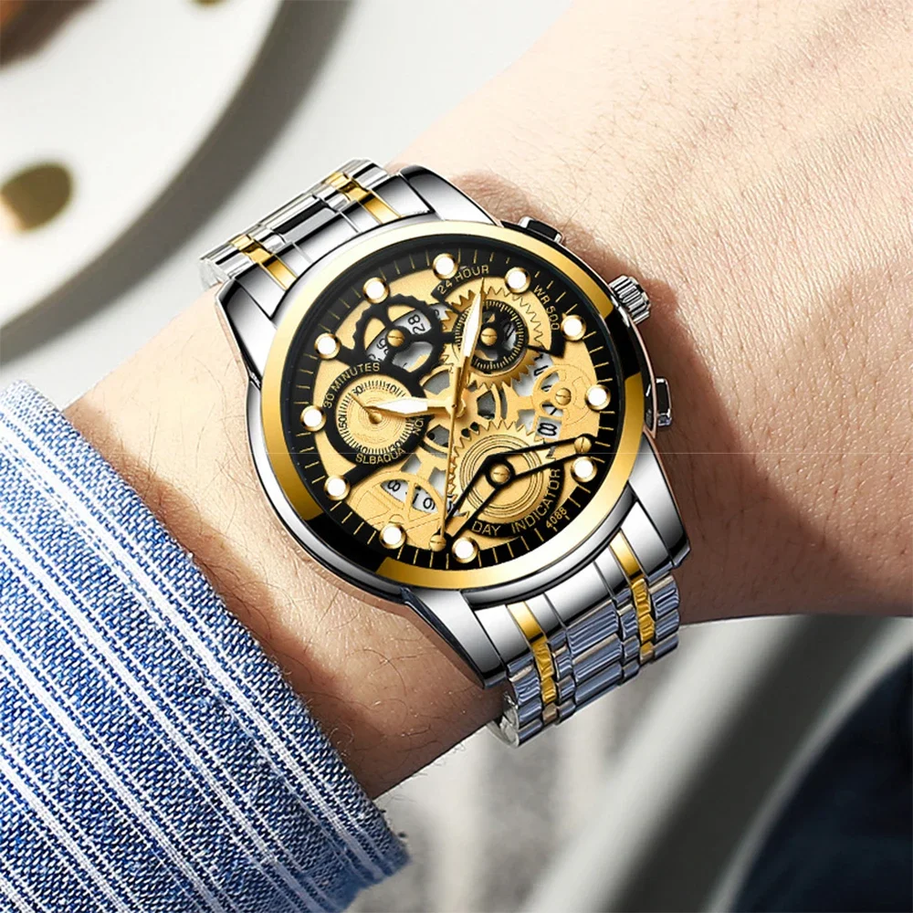 BINBOND ساعة كوارتز عصرية فاخرة للرجال بحزام من الفولاذ المقاوم للصدأ قرص فاخر مضيء 30 متر مقاوم للماء ساعة يد رجالية غير رسمية للأعمال #4