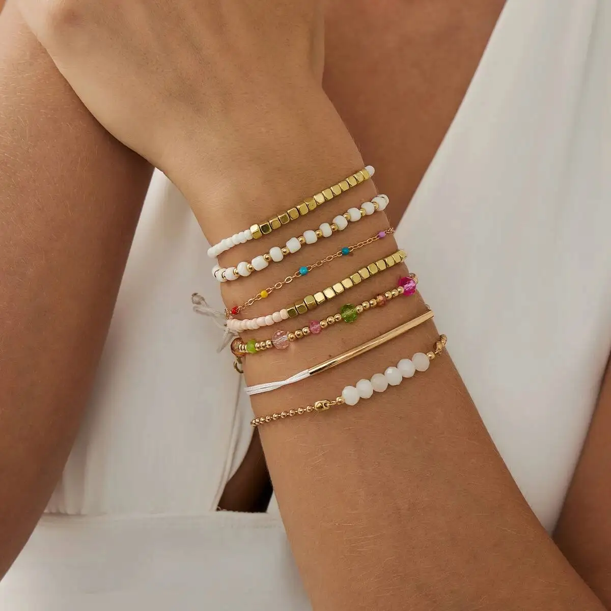 7 قطعة/المجموعة Y2K البوهيمي كريستال سلسلة أساور ملونة الحد الأدنى أساور مرنة للنساء اليومية حزب زوجين مجوهرات