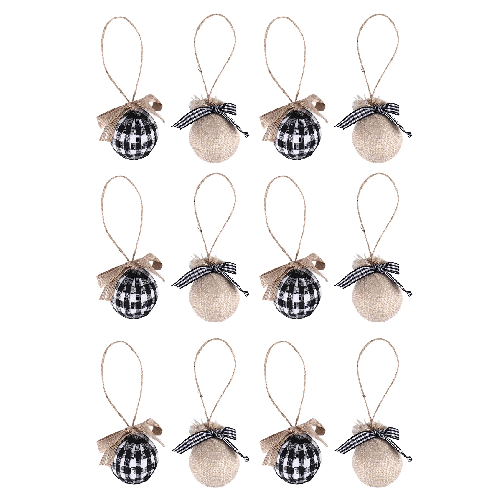 Christmas Tree Ornaments, 12 Pcs 2-1/2 Inches White Black Buffalo Check Plaid Stitching Burlap Christmas Decorations