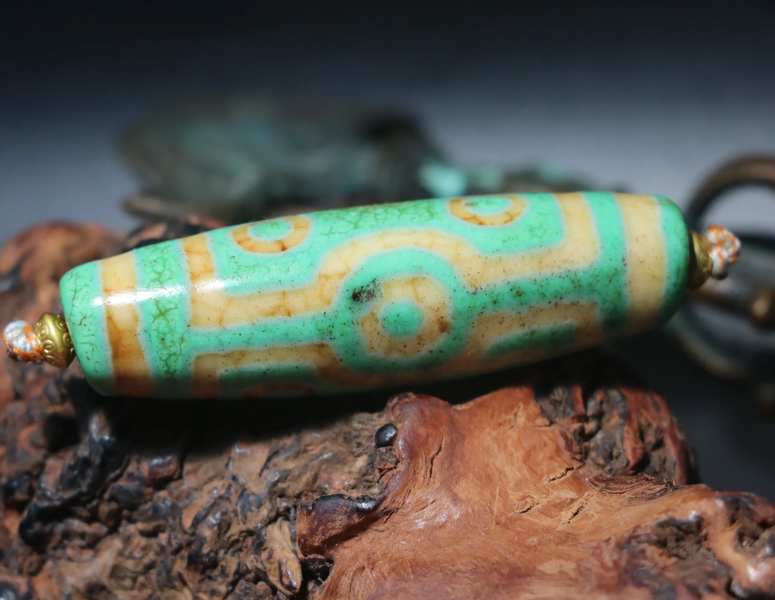 A Treasure Magic LKbrother Energy Tibetan Old Agate Green Color 7 Eyed Big Fortune Symbol dZi Bead Big Pendant Amulet 4A