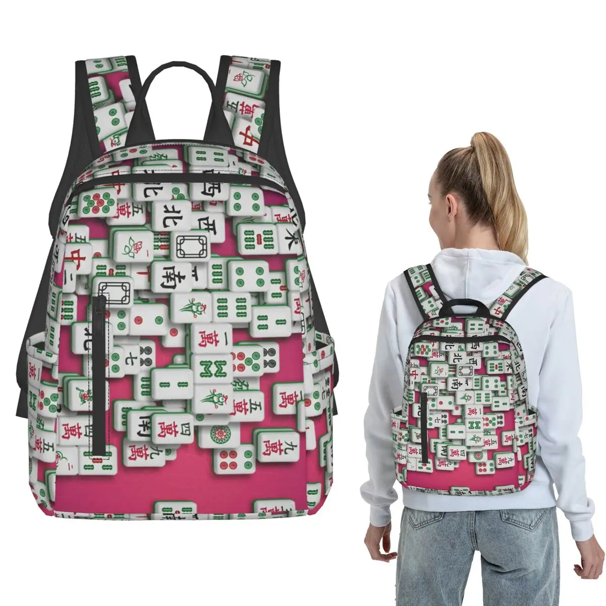 Mahjong Tile Pattern Backpack Large Capacity Boys Girls BookBag School Bag Shoulder Bags for Men Women