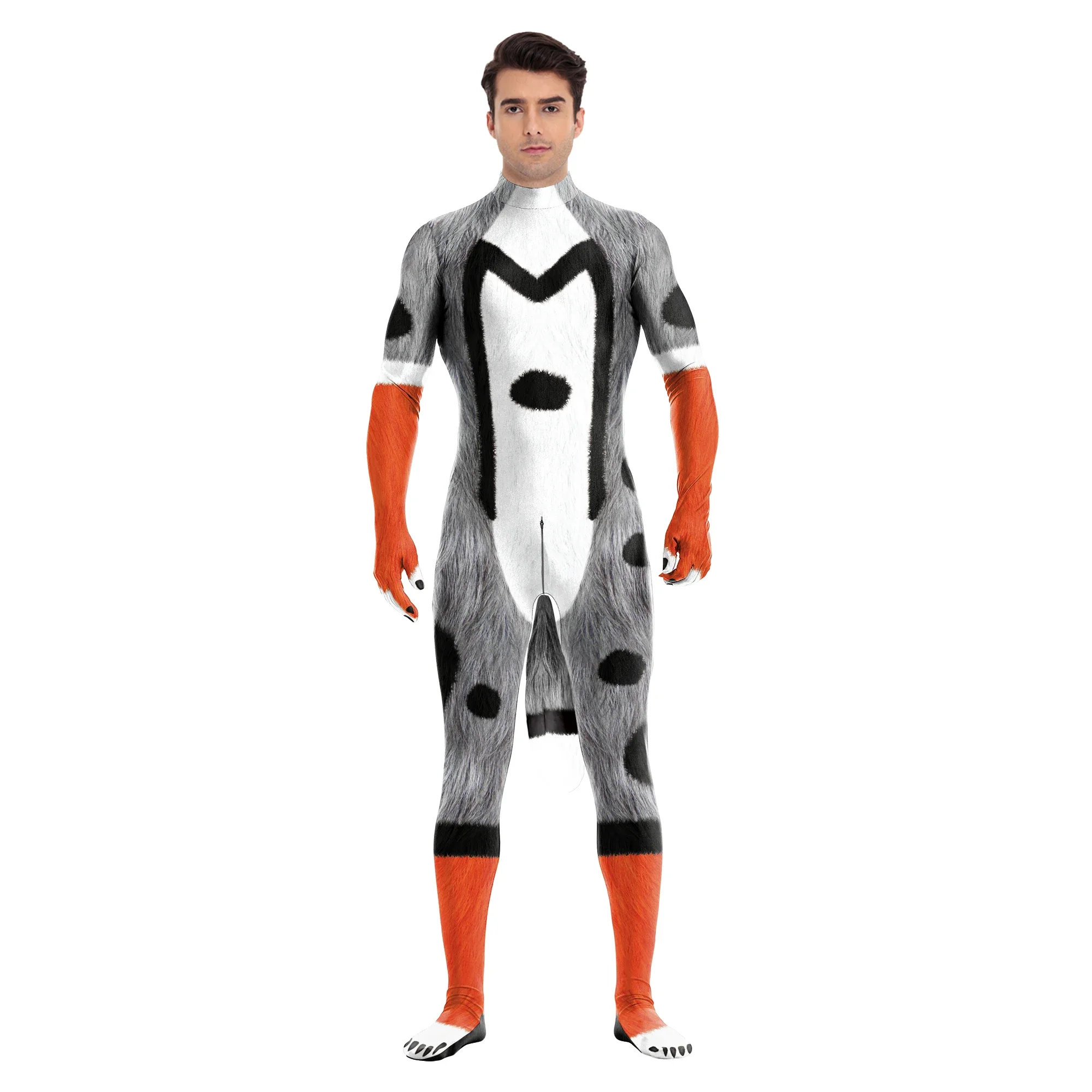 Zawaland Halloween Cosplay Creative Animal Costume Catsuit Adult Men Outfits Fox with Big Tail Zentai Full Body Suits Jumpsuits