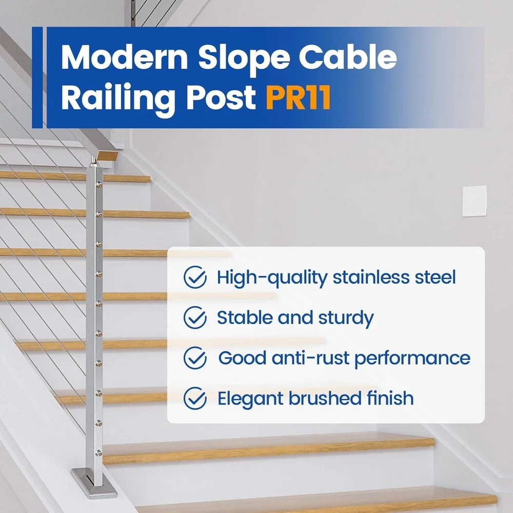 Slope Cable Railing Post T304 Stainless Steel 25-40 Degrees Indoor Outdoor Railing System Kit with Pre-drilled Holes