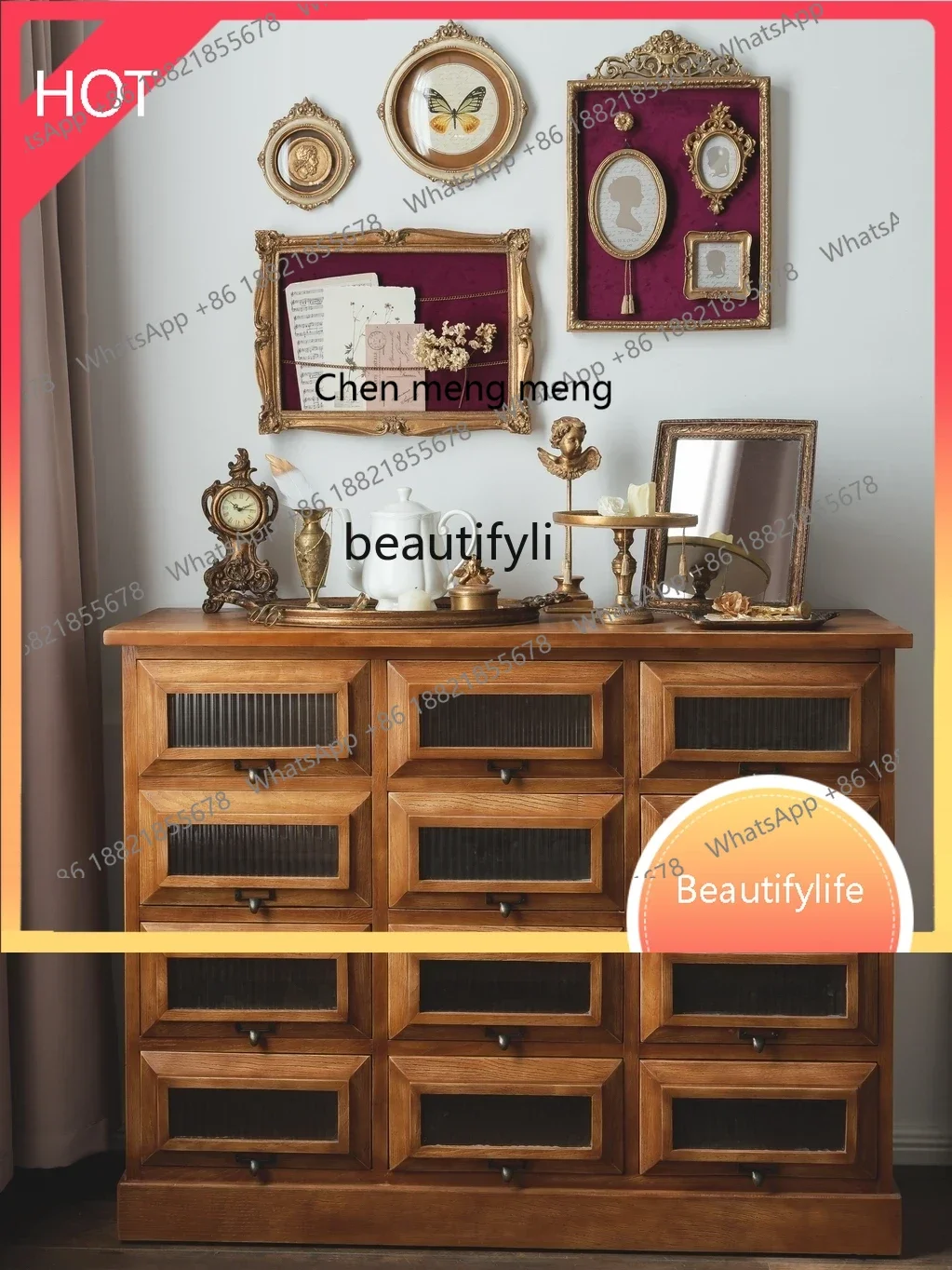

32 European-Style Retro Complete Chest of Drawers Solid Wood Bedroom Locker Wall Glass Storage Side Cabinet