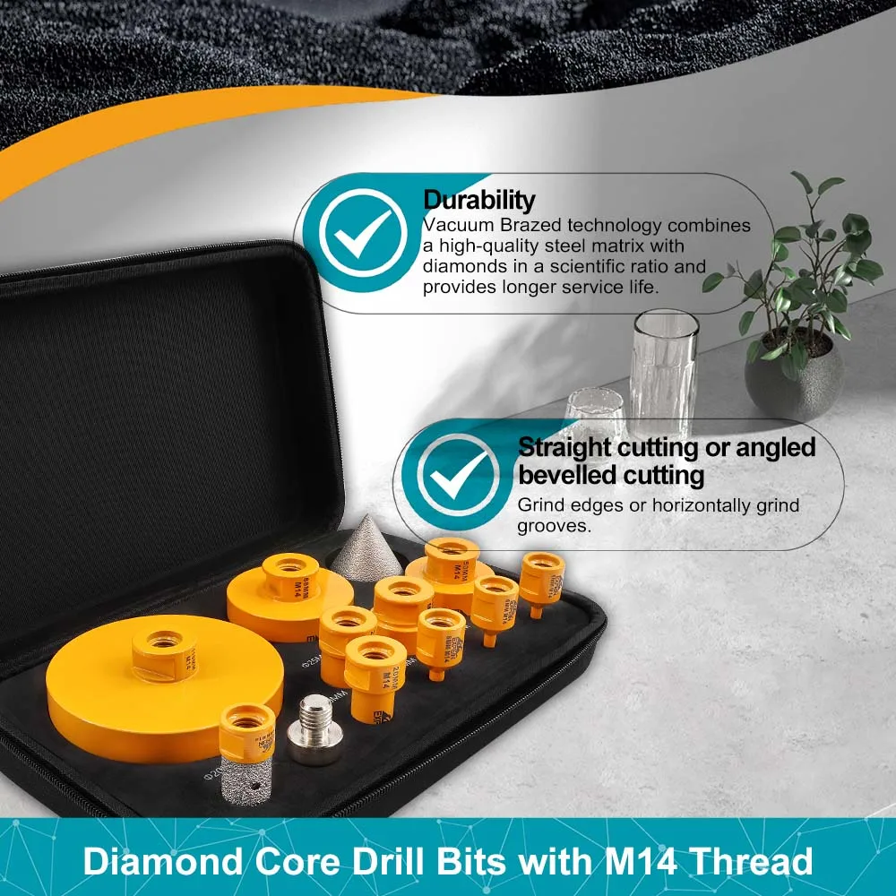 EXFEIN Diamant-Fliesenbohrer-Set, 12-teilig, 6/6/8/20/25/35/50/68/110 mm + 20 mm Fingerfräser + 50 mm abgeschrägte Fasenbits + Adapter – Detail 6