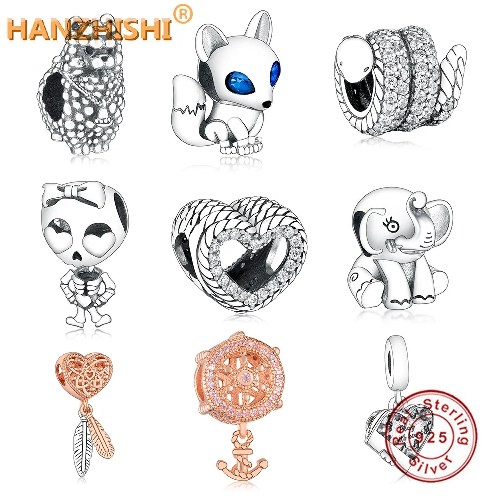 100% 925 Sterling Silver Charm Beads Fit Original fine Charm Bracelet Fox Dream Catcher Snake Elephant DIY Jewelry For Women