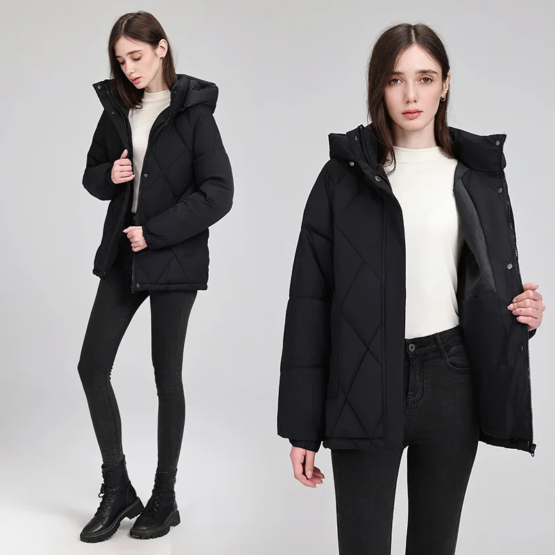 Warm Quilted Puffer Coat Women Hooded Belted Waist Elastic Cuff Zip Closure Autumn Winter Cotton Jackets Chic New Outerwear