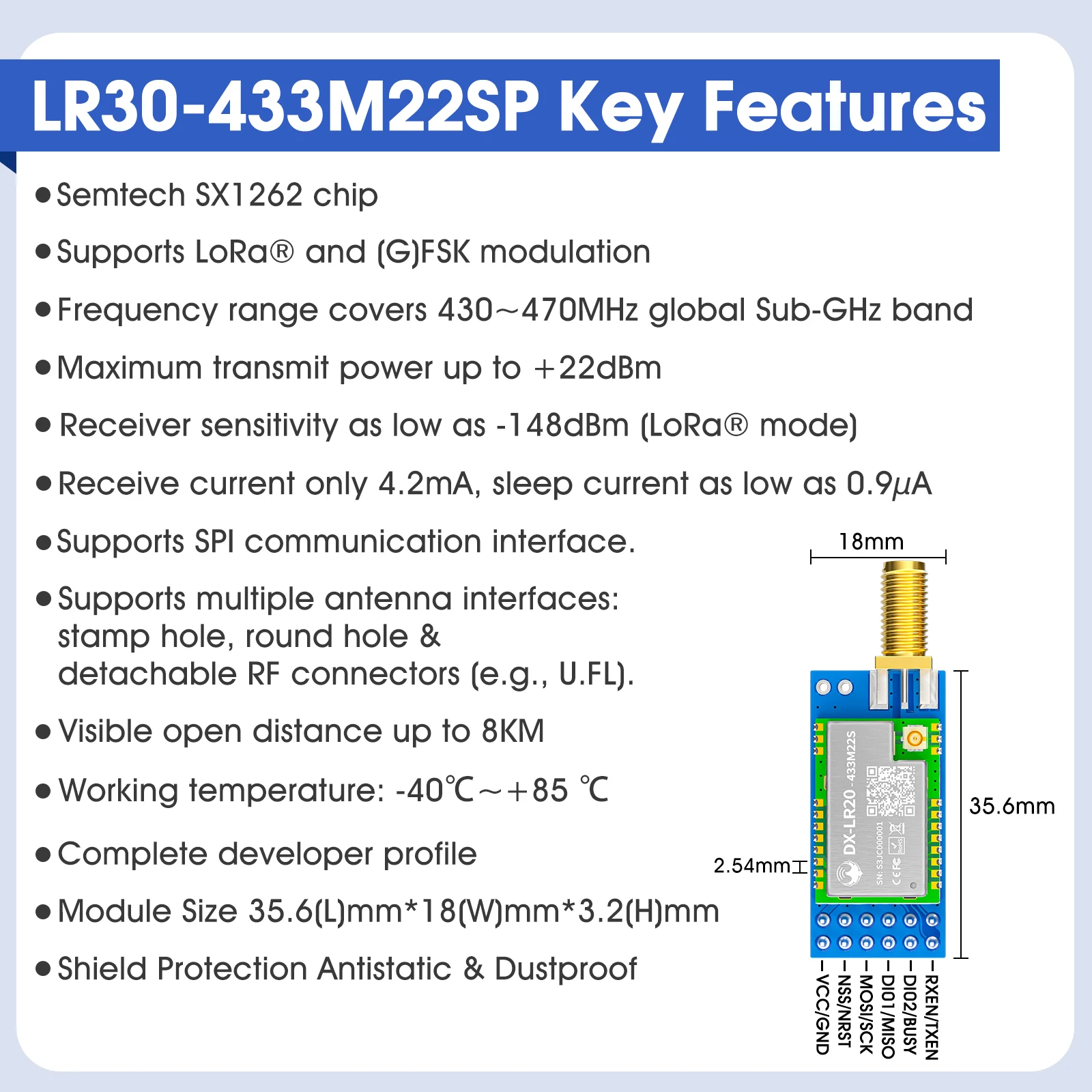 DX-LR30 8KM Long Range 430~470MHz LoRa Transceiver Receiver Module 22dBm SX1262 Chip for Wireless Control Industrial Sensor Netw