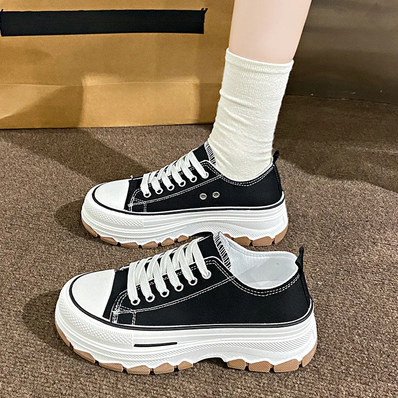 2024 Spring and Autumn New Fashion Thick Soled Canvas Height Increasing Women Casual Sports Shoes Women Canvas Flat Shoes