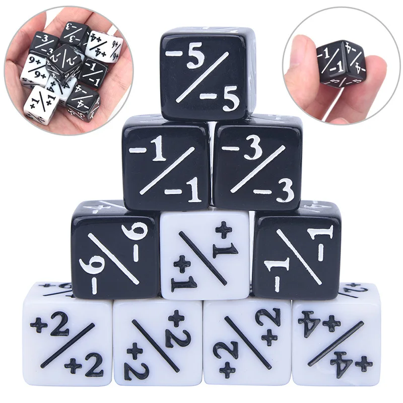 10pcs D6 Dice Counters 5 Positive +1/+1 & 5 Negative -1/-1 For Magic The Gathering Table Game Funny Dices White Black Teaching