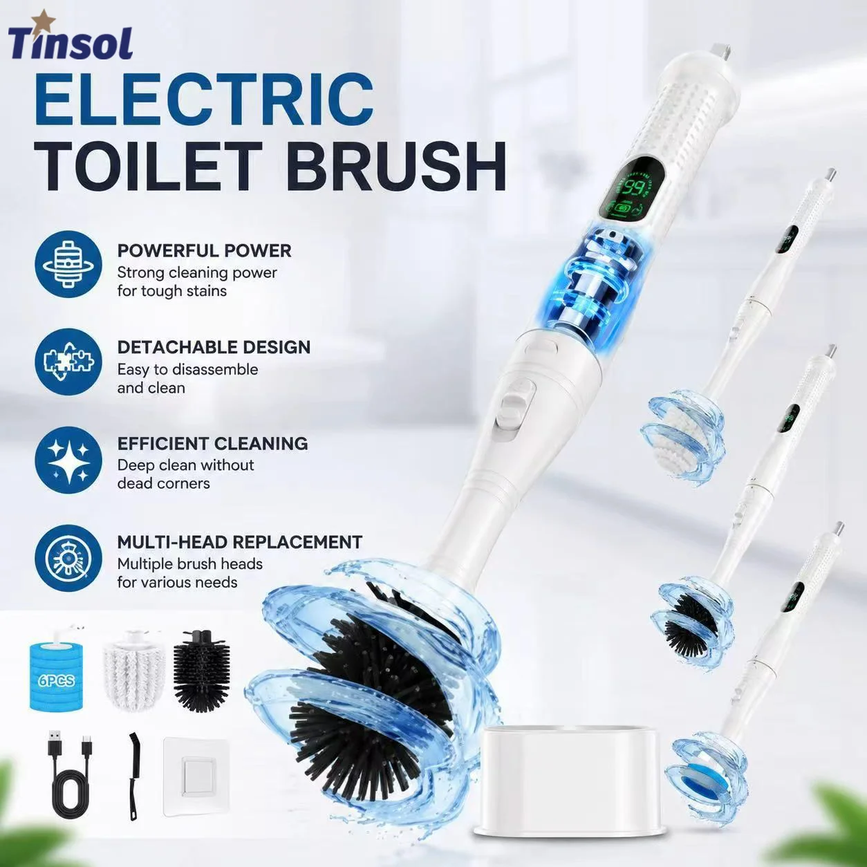 TINSOL Electric toilet cleaning brush household no dead corner toilet brush wall hanging bathroom cleaning toilet brush