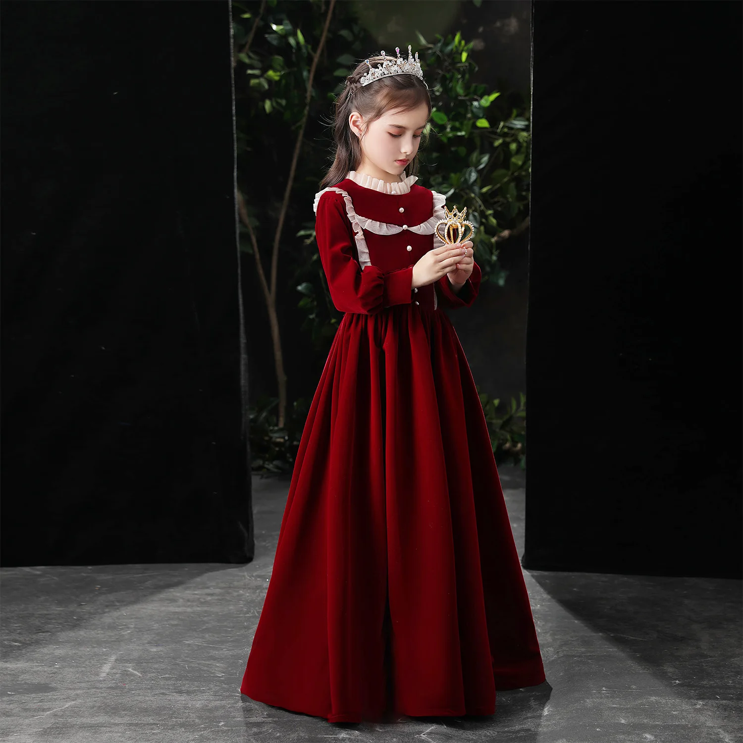 Wine Red New Velvet Dress Children's Dress Flower Children Performing Dress New Year Girl Peng Skirt Graduation Chorus