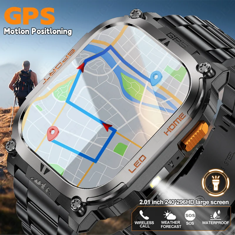 

LIGE Новые военные GPS-трекеры Смарт-часы Мужские 2,01-дюймовый HD-экран 630 мАч Батарея Компас Часы Фонарик Спортивные умные часы для здоровья
