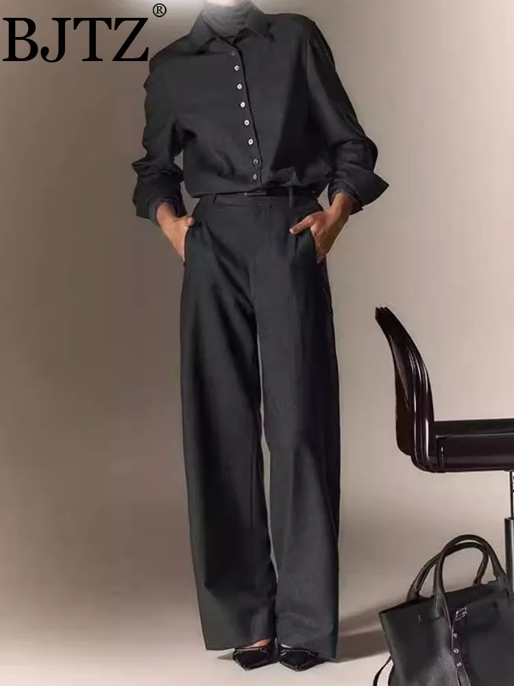 

BJTZ 2025 весенний новый модный офисный женский комплект, однобортная рубашка, топ, широкий прямой пиджак, брюки, женские комплекты