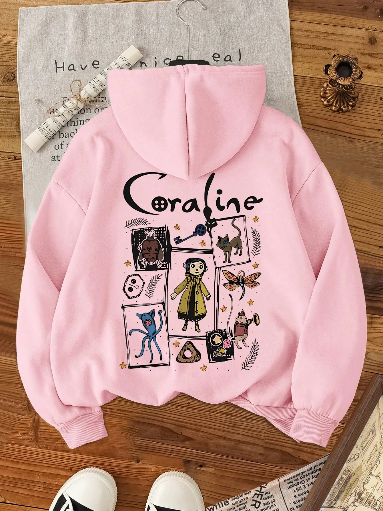 

Pink Coraline Cartoon Print Hoodie for Women, Casual Fall Winter Pullover with Back Design