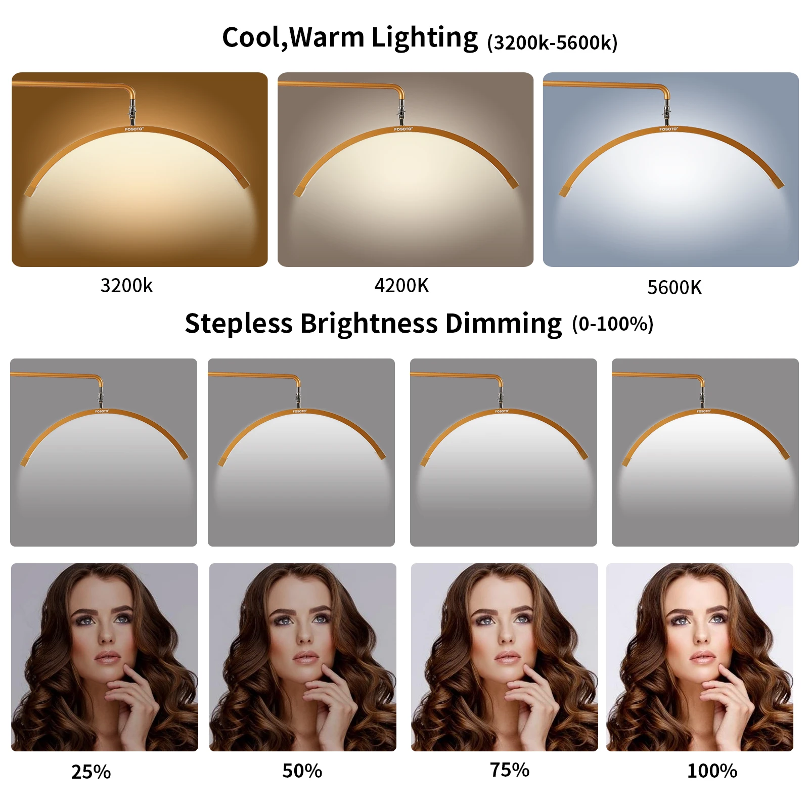 Fosoto 28 polegadas Fotografia Cosméticos Lâmpada de chão meia lua com bandeja e clipe de telefone para cílios extensões de cílios luz