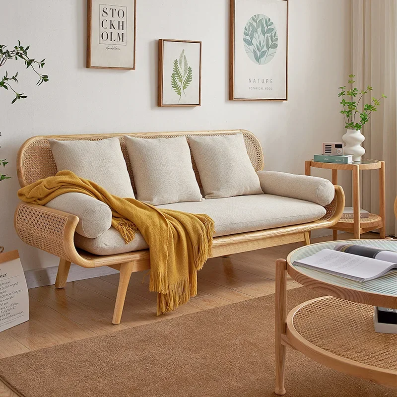 Sofá doble tejido de ratán retro de madera nórdica, sala de estar, silla de ocio para el hogar, apartamento pequeño para tres personas